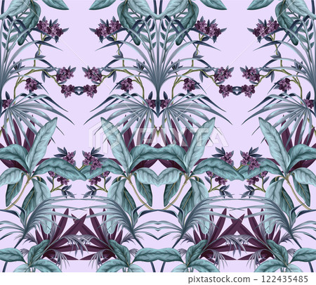 Seamless pattern with exotic trees, leaves and flowers. Vector. Seamless pattern with exotic trees, leaves and flowers. Vector. 122435485