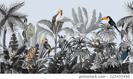 Seamless border with jungle trees and animals in monochrome style. Seamless border with jungle trees and animals in monochrome style. 122435486