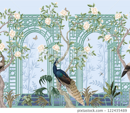 Border with peacocks, peonies and alcove in chinoiserie style. Vector. 122435489