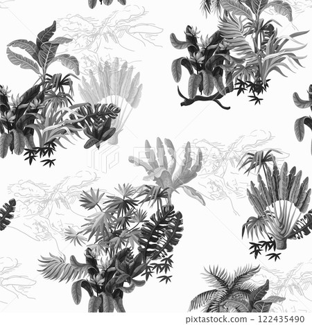 Seamless pattern with jungle trees in monochrome style. 122435490