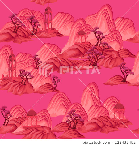 Seamless pattern with watercolour Chinese mountains. Vector. Seamless pattern with watercolour Chinese mountains. Vector. 122435492