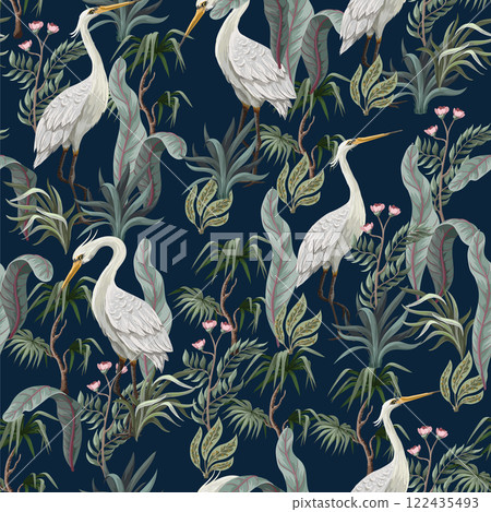 Seamless pattern in chinoiserie style with storks, birds and peonies. Vector, 122435493