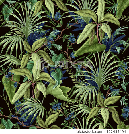 Seamless pattern with exotic trees, leaves and flowers. Vector. 122435494