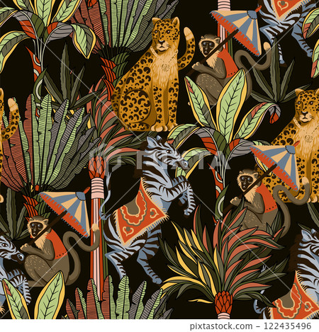 Seamless pattern with zebra, leopard, monkey and jungle trees. Vector. 122435496