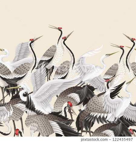 Border with dancing crenies and herons. Vector. 122435497