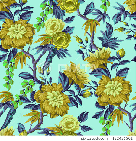 Seamless pattern with Chintz flowers and leaves. Vector. Seamless pattern with Chintz flowers and leaves. Vector. 122435501