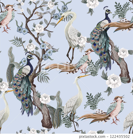 Seamless pattern in chinoiserie style with storks, birds and peonies. Vector, Seamless pattern in chinoiserie style with storks, birds and peonies. Vector, 122435502