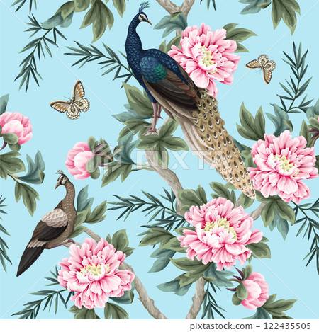 Seamless pattern with Chinese peonies and peacocks. Vector. 122435505