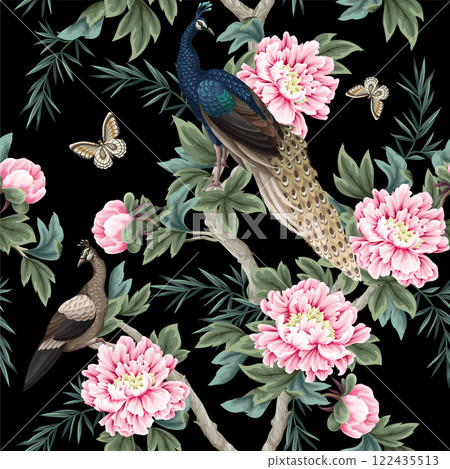 Seamless pattern with Chinese peonies and peacocks. Vector. 122435513