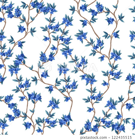 Seamless pattern with blue flowers and branches. Vector. 122435515