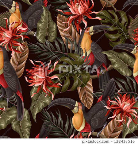 Seamless pattern with toucans and tropical leaves. Vector. 122435516