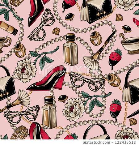 Seamless pattern with glamour elements such as pearls, shoes, lipstick etc. Vector. 122435518