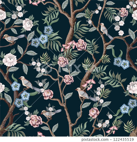 Seamless pattern in chinoiserie style with peonies trees and birds . Vector, Seamless pattern in chinoiserie style with peonies trees and birds . Vector, 122435519
