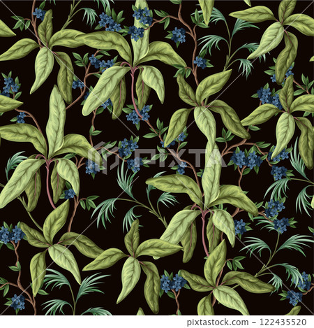 Seamless pattern with exotic trees, leaves and flowers. Vector. Seamless pattern with exotic trees, leaves and flowers. Vector. 122435520