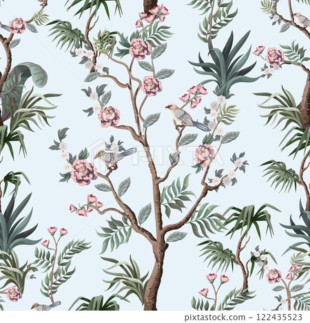 Seamless pattern in chinoiserie style with peonies. Vector, 122435523
