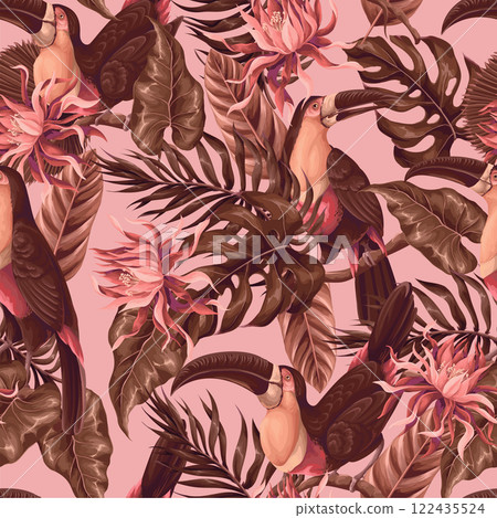 Seamless pattern with toucans and tropical leaves. Vector. 122435524