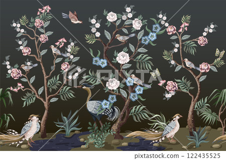 Border in chinoiserie style with herons and peonies. Vector. 122435525