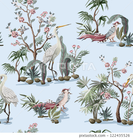 Seamless pattern in chinoiserie style with storks, birds and peonies. Vector, 122435526
