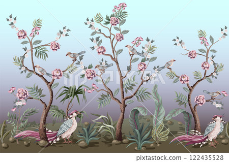 Border in chinoiserie style with birds and peonies. Vector. 122435528