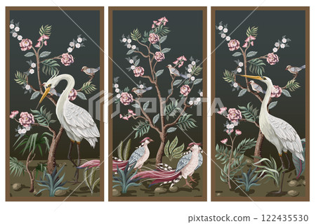 Folding screen in chinoiserie style with storks and peonies. Vector. 122435530