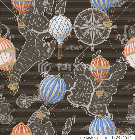 Seamless pattern with ballons and map. Vector. Seamless pattern with ballons and map. Vector. 122435534
