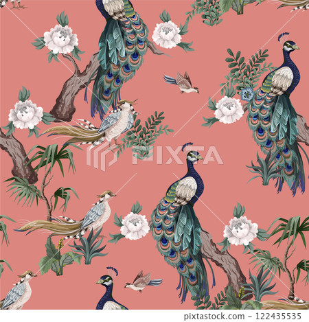 Seamless pattern in chinoiserie style with storks, birds and peonies. Vector, 122435535