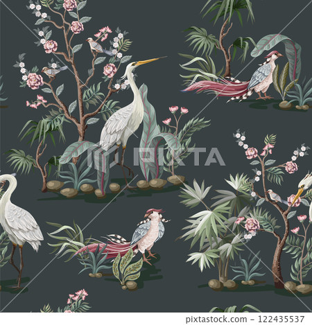 Seamless pattern in chinoiserie style with storks, birds and peonies. Vector, 122435537