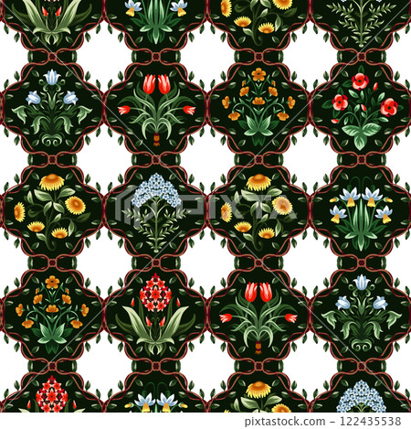 Ditsy seamless pattern with symmetrical flowers. Vector. 122435538