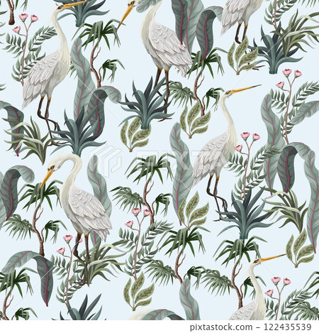 Seamless pattern in chinoiserie style with storks, birds and peonies. Vector, 122435539
