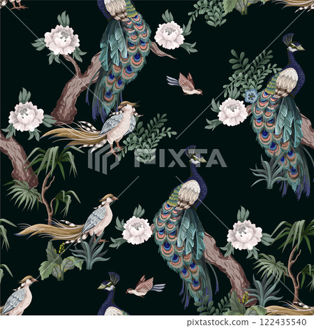 Seamless pattern in chinoiserie style with storks, birds and peonies. Vector, Seamless pattern in chinoiserie style with storks, birds and peonies. Vector, 122435540