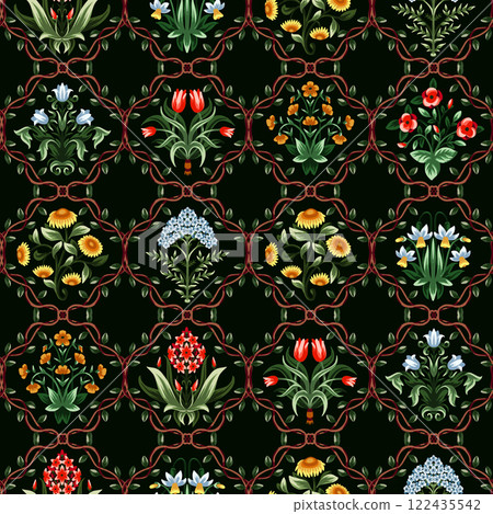Ditsy seamless pattern with symmetrical flowers. Vector. Ditsy seamless pattern with symmetrical flowers. Vector. 122435542