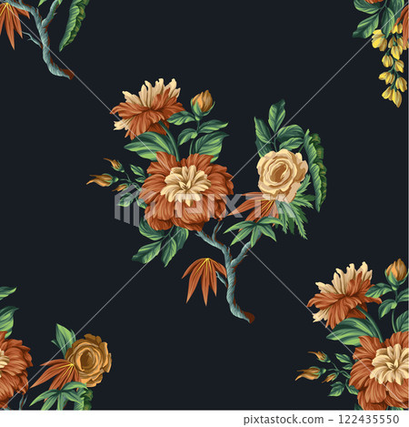 Seamless pattern with Chintz flowers and leaves. Vector. 122435550
