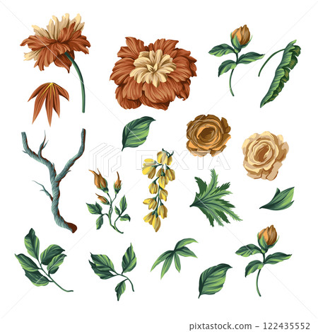 Chintz flowers and leaves elements isolated. Vector. 122435552