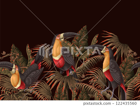 Border with toucans and tropical leaves. Vector. Border with toucans and tropical leaves. Vector. 122435560