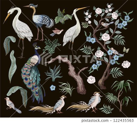 Herons, peacock, peonies and bird in chinoiserie style isolated. Vector. Herons, peacock, peonies and bird in chinoiserie style isolated. Vector. 122435563