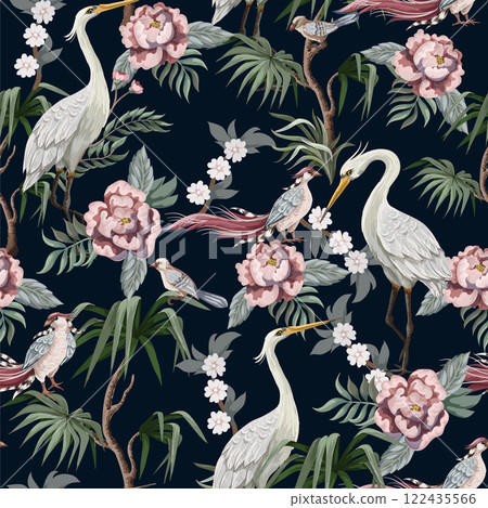 Seamless pattern in chinoiserie style with storks, birds and peonies. Vector, 122435566