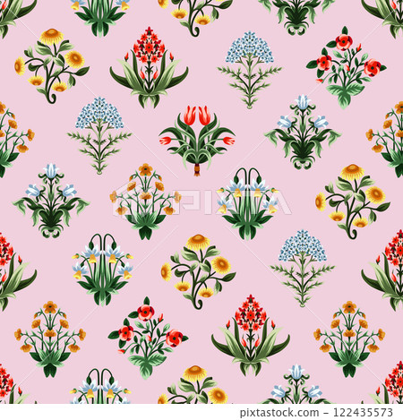 Ditsy seamless pattern with symmetrical flowers. Vector. Ditsy seamless pattern with symmetrical flowers. Vector. 122435573