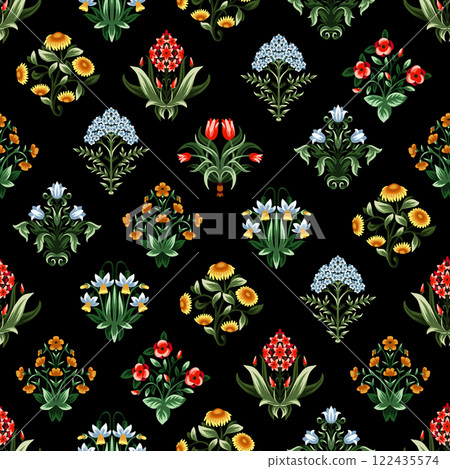 Ditsy seamless pattern with symmetrical flowers. Vector. Ditsy seamless pattern with symmetrical flowers. Vector. 122435574