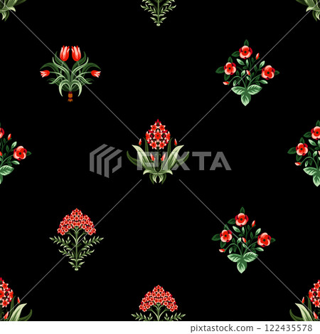 Ditsy seamless pattern with symmetrical flowers. Vector. 122435578