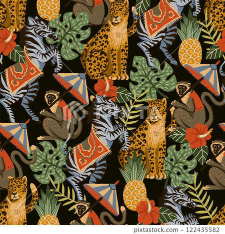 Seamless pattern with zebra, leopard, monkey and jungle trees. Vector. 122435582
