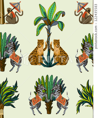 Seamless pattern with zebra, leopard, monkey and jungle trees. Vector. 122435583