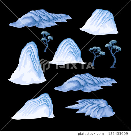 Watercolour Chinese mountains isolated. Vector. 122435609