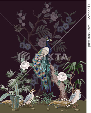 Border in chinoiserie style with peacock and peonies. Vector. Border in chinoiserie style with peacock and peonies. Vector. 122435614