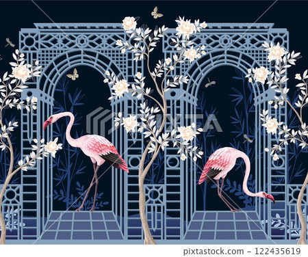 Border with flamingos, peonies and alcove in chinoiserie style. Vector. 122435619