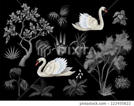 Monochrome trees, plants ans swans isolated. Vector. Monochrome trees, plants ans swans isolated. Vector. 122435622