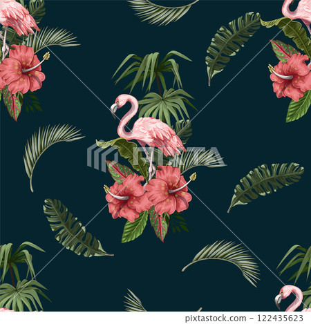 Seamless pattern with flamingo and tropical leaves. Vector. Seamless pattern with flamingo and tropical leaves. Vector. 122435623
