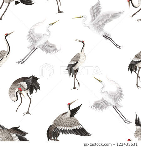 Seamless pattern with dancing crenies and herons. Vector. 122435631