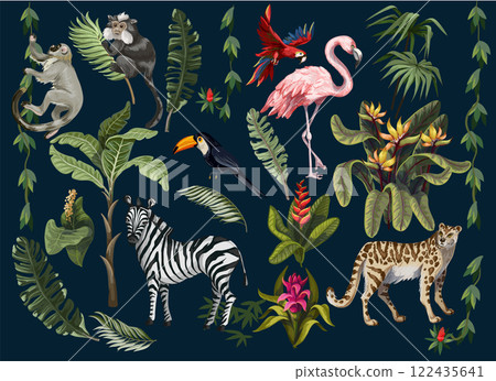 Jungle animals, flowers and trees isolated. Vector. 122435641