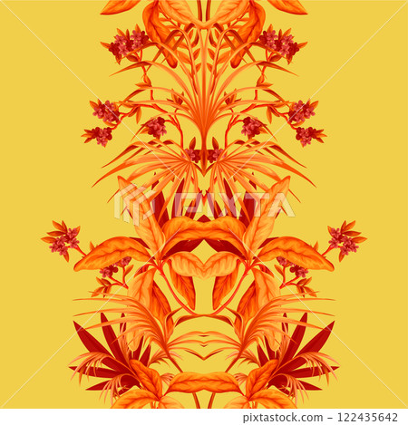Seamless pattern with exotic trees, leaves and flowers. Vector. 122435642