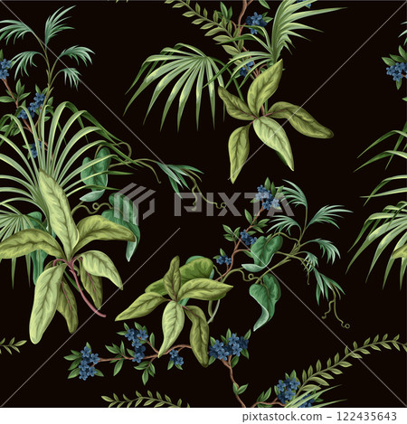 Seamless pattern with exotic trees, leaves and flowers. Vector. 122435643